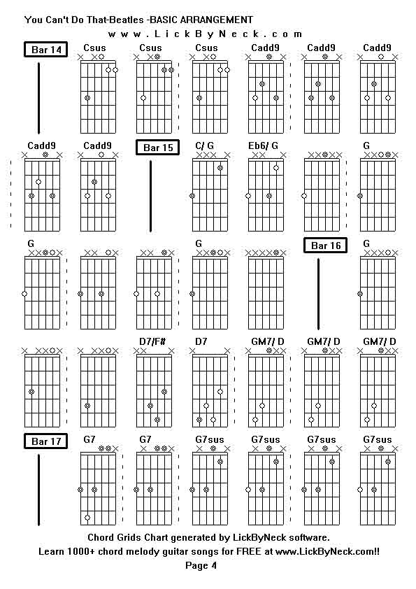 Chord Grids Chart of chord melody fingerstyle guitar song-You Can't Do That-Beatles -BASIC ARRANGEMENT,generated by LickByNeck software.